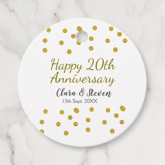 Golden dots glitter lycklig 20-årsjubileum bröllop gåvor etiketter (Framsida)