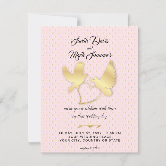 Golden Doves and Svanar, ett Golden Heart Bröllop Inbjudningar (Framsida)