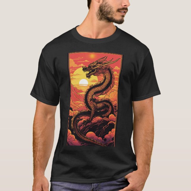 "Golden Dragon at Sunrise - Vaporwave Elegance" T Shirt (Framsida)