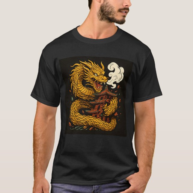 Golden Dragon Attacks Pagoda Art T Shirt (Framsida)