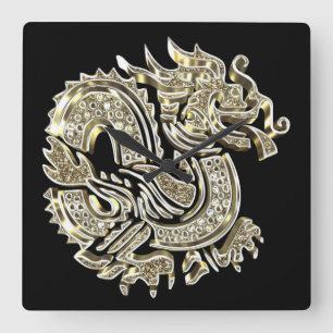 Golden Dragon Black and Guld Elegant Fyrkantig Klocka