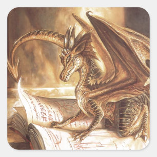 Golden Dragon Bok Reading Fyrkantigt Klistermärke
