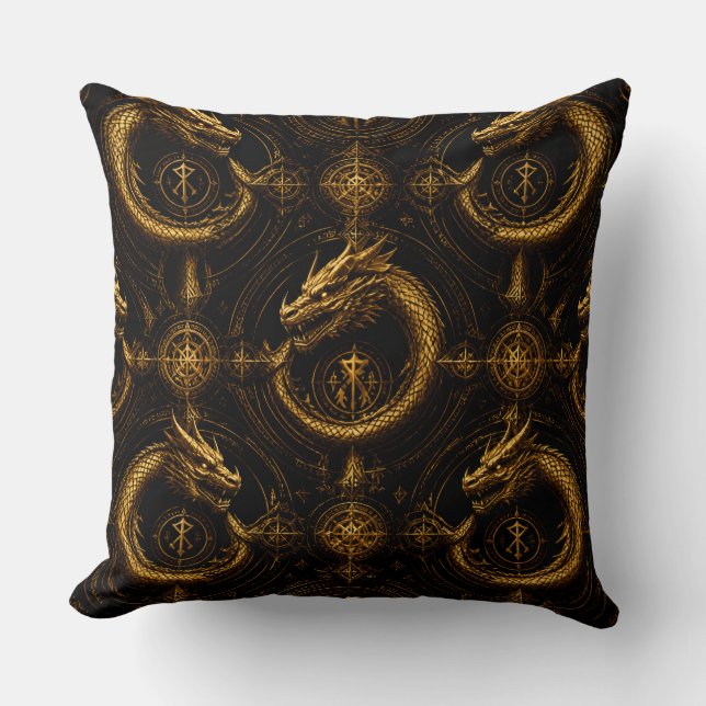 Golden Dragon Dark Fantasy Pillow Kudde (Framsida)