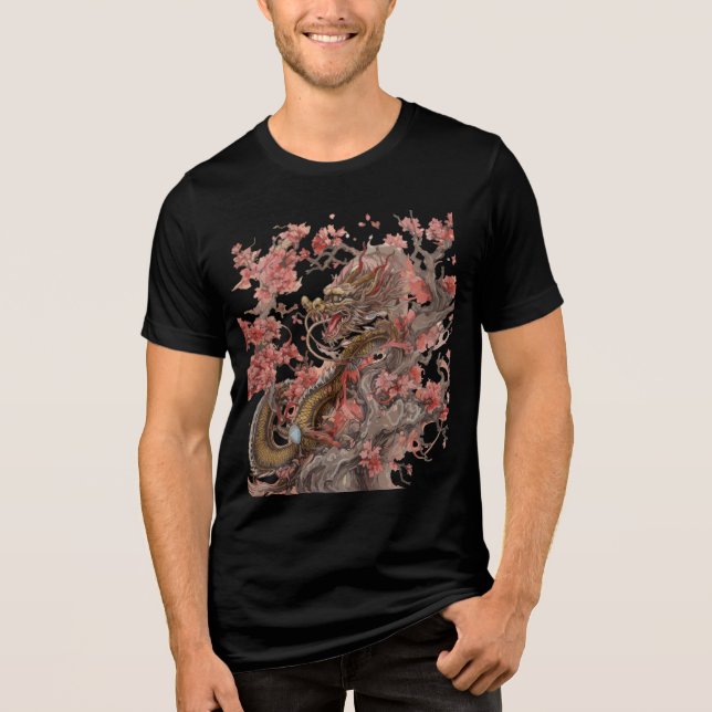 Golden Dragon in Sakura Tree Artwork T Shirt (Framsida)