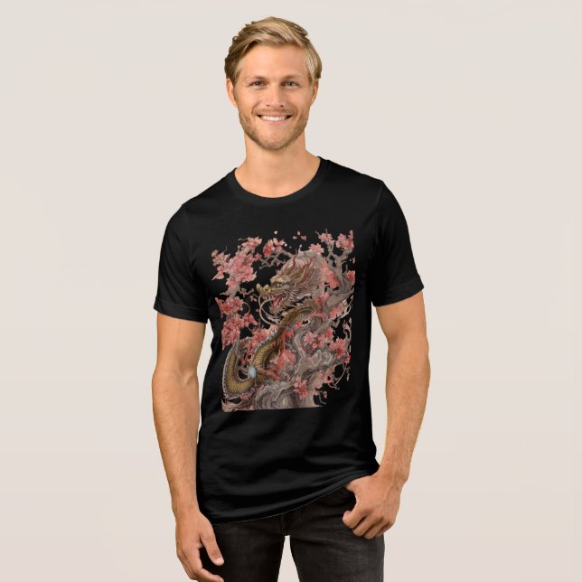 Golden Dragon in Sakura Tree Artwork T Shirt (Framsida Full)