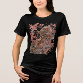 Golden Dragon in Sakura Tree Artwork T Shirt