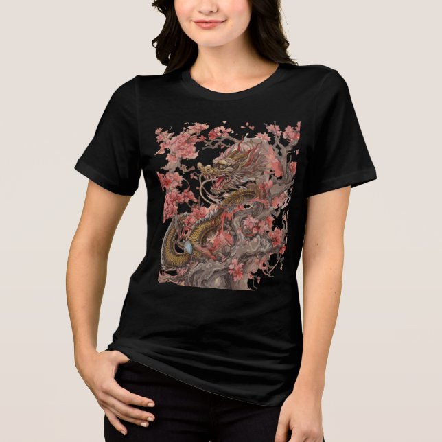 Golden Dragon in Sakura Tree Artwork T Shirt (Framsida)