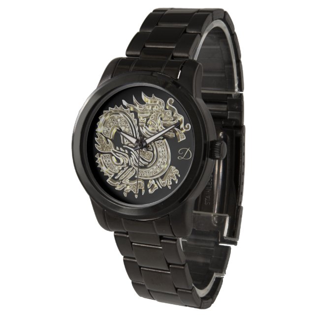 Golden Dragon Logotyp Add Monogram Elegant Armbandsur (Vinklad)