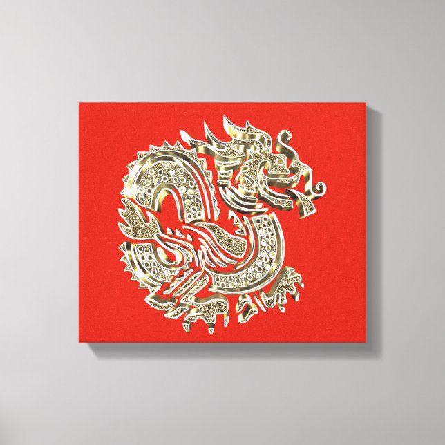 Golden Dragon Logotyp Elegant Decorative Red Guld Canvastryck (Framsida)
