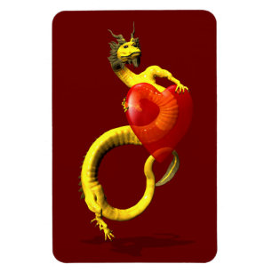 Golden Dragon med stort rött hjärta Magnet