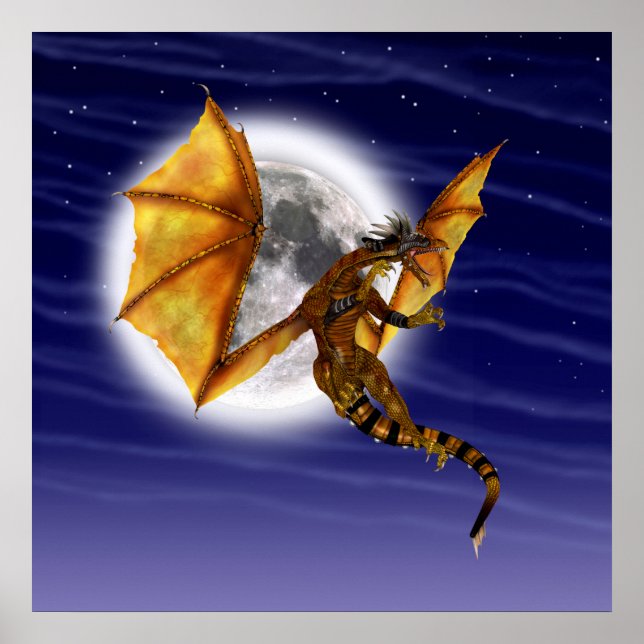 Golden Dragon Mythical Fantasy Creature Lila Himme Poster (Framsidan)