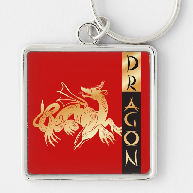 Golden Dragon och Banner Fyrkantig Silverfärgad Nyckelring (Framsidan)
