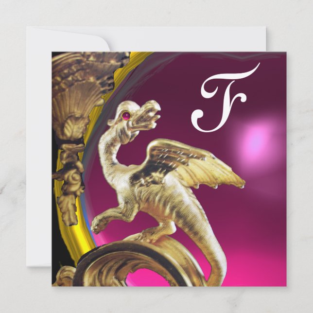 GOLDEN DRAGON ROSA FUCHSIA AMETHYST Monogram Guld Inbjudningar (Framsida)