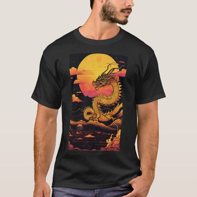 "Golden Dragon: Sunrise Symphony in Vaporwave" T Shirt (Framsida)