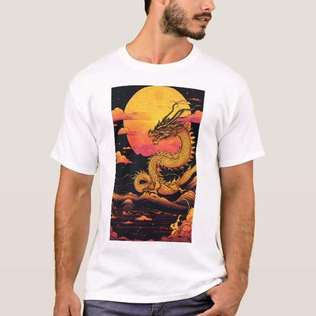 "Golden Dragon: Sunrise Symphony in Vaporwave" T Shirt (Framsida)