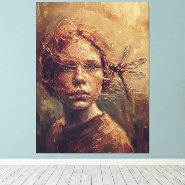 Golden Dragonfly Whisper – Warm Impressionist Oil  Canvastryck (Insitu (trägolv))