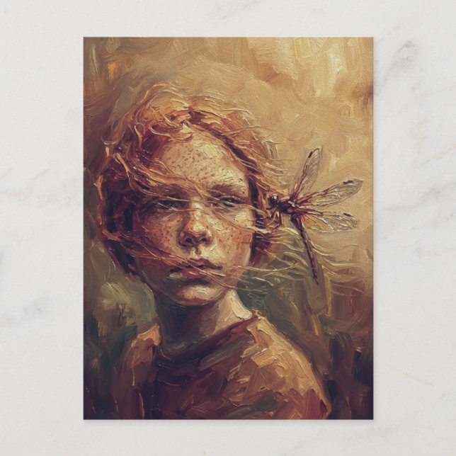 Golden Dragonfly Whisper – Warm Impressionist Oil  Vykort (Framsida)