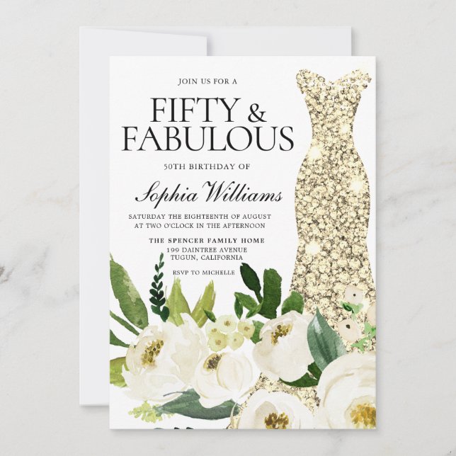 Golden Dress femtionde födelsedagen och Fabulous Inbjudningar (Framsida)