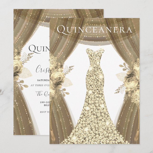Golden Dress & Flowers Elegant Quinceanera Inbjudningar (Fram/baksida)