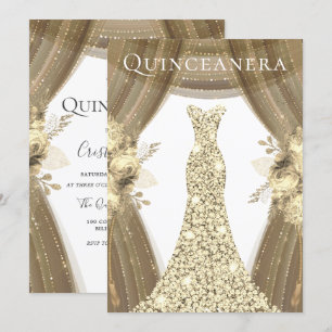 Golden Dress & Flowers Elegant Quinceanera Inbjudningar