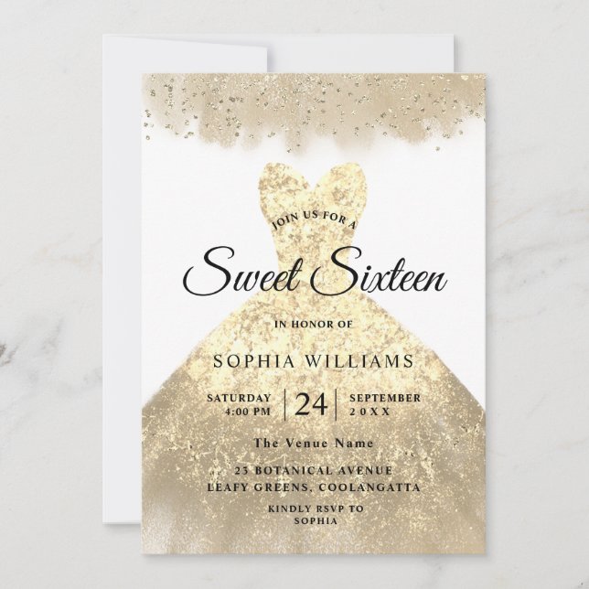 Golden Dress Guld Sweet 16 Födelsedagsfester Inbjudningar (Framsida)