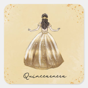 Golden Dress med Glitter Quinceanera Birthday Fyrkantigt Klistermärke