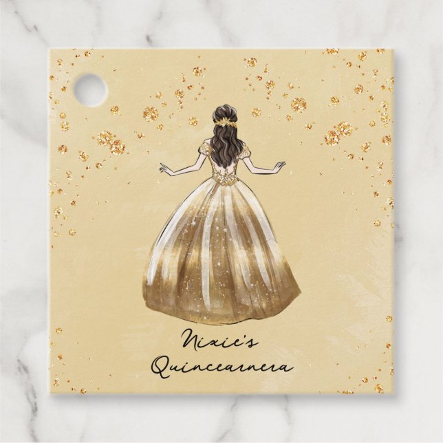 Golden Dress med Glitter Quinceanera Gåvor Etiketter (Framsida)