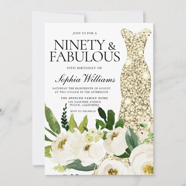 Golden Dress Nittio & Fabulous 90:e Birthday Inbjudningar (Framsida)