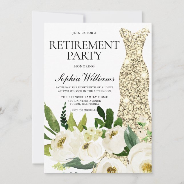 Golden Dress White Flowers Pension Party Inbjudningar (Framsida)