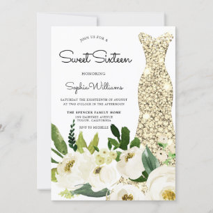 Golden Dress White Flowers Sweet 16 Födelsedagsfes Inbjudningar