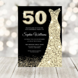 Golden Dress Womans 50:e Födelsedagsfesten Black Inbjudningar