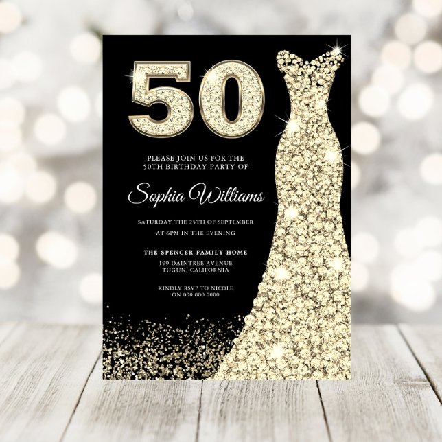 Golden Dress Womans 50:e Födelsedagsfesten Black Inbjudningar (Skapare uppladdad)