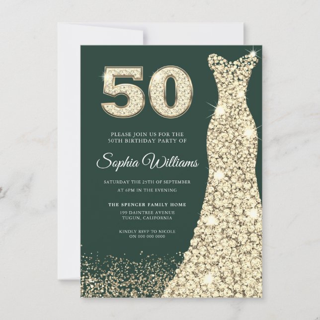 Golden Dress Womans 50:e Födelsedagsfestens Grönt Inbjudningar (Framsida)