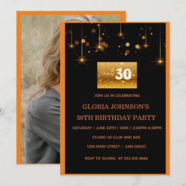 Golden dust inslag Photo 30års födelsedag Inbjudningar (Fram/baksida)