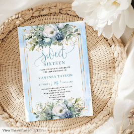 Golden Dusty Blue White Blommigt Sweet 16-inbjudan Inbjudningar