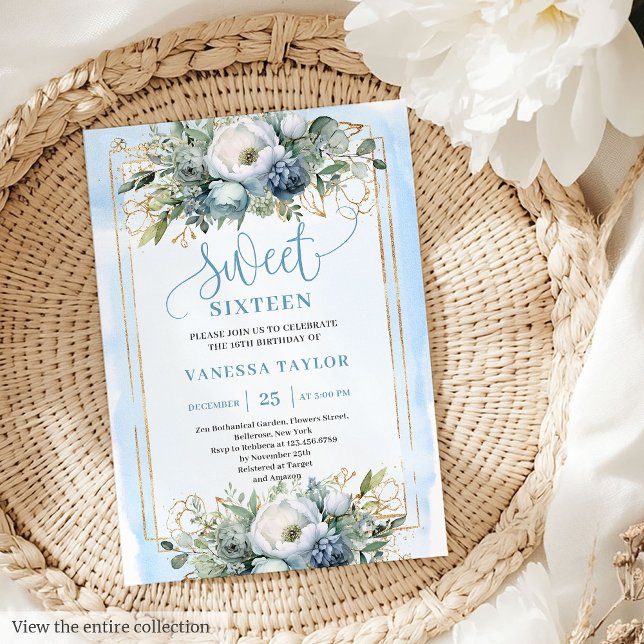 Golden Dusty Blue White Blommigt Sweet 16-inbjudan Inbjudningar (Golden Dusty Blue White Floral Sweet 16 Invitation)