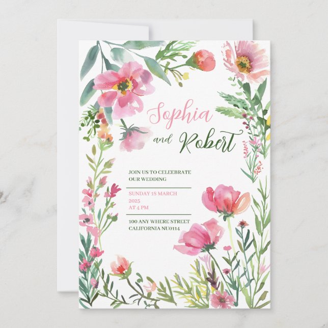 golden Dusty Pink Floral Greenery Wedding Invitati Inbjudningar (Framsida)