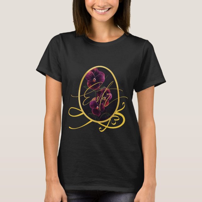 Golden Easter Egg with Elegant Purple Iris T Shirt (Framsida)