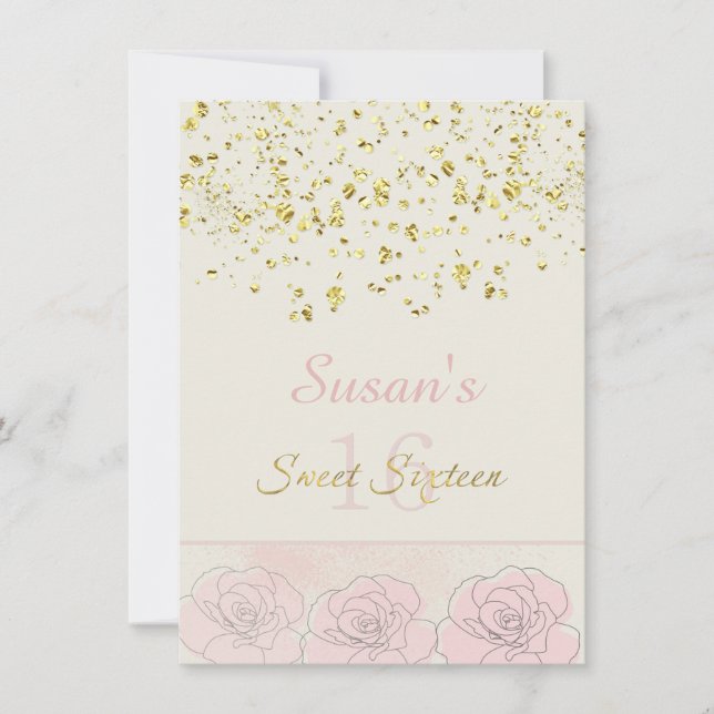 Golden effect concetti, rosa ros Sweet 16 Inbjudan (Framsida)