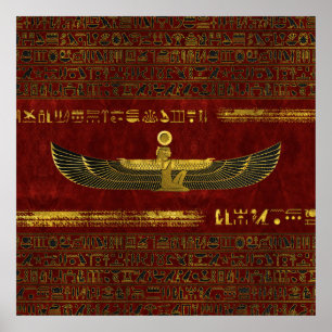 Golden Egyptian Gud Ornament på rött läder Poster