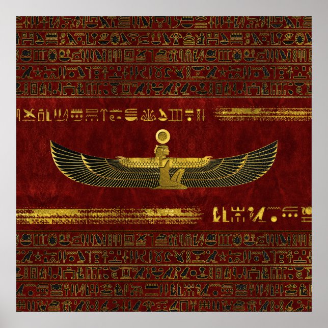 Golden Egyptian Gud Ornament på rött läder Poster (Framsidan)