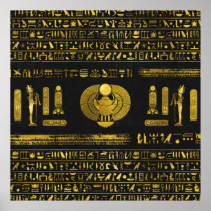 Golden Egyptian Scarab på svart läder Poster