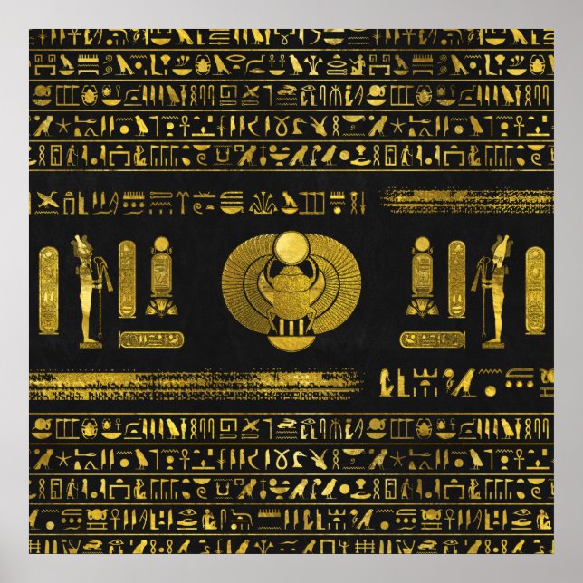 Golden Egyptian Scarab på svart läder Poster (Framsidan)