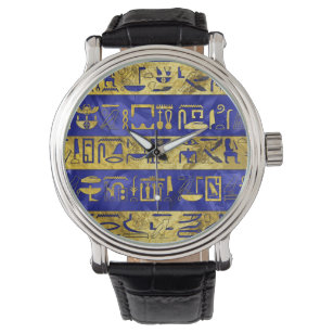 Golden Egyptiska hieroglyfer mönster blå sten Armbandsur