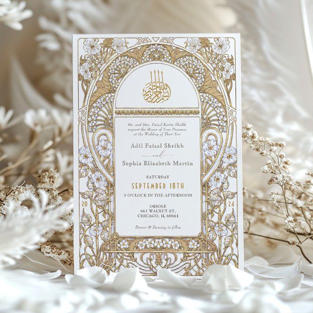 Golden Elegance Art nouveau Muslim Bröllop Inbjudningar (Skapare uppladdad)
