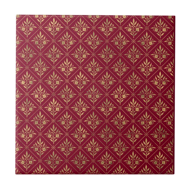 Golden Elegance - Bordeaux Red & Guld Botanical Kakelplatta (Framsidan)