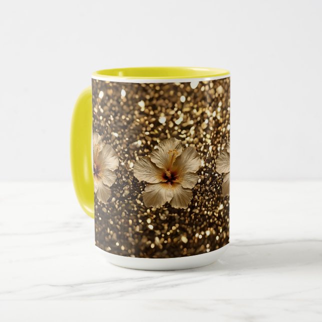 Golden Elegance: Guld Hibiscus Shimmer Mugg (Framsida vänster)