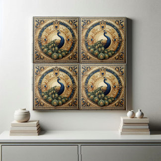 Golden Elegance Majestic Peacock Feather Art Deco Kakelplatta