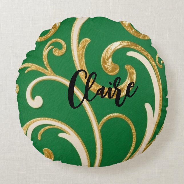 Golden Elegance Moss Green pattern Rund Kudde (Framsidan)