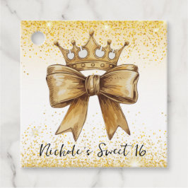 Golden Elegance: Sweet 16 Krona & Bow Glitter Gåvor Etiketter
